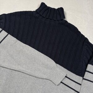 PHYS.SCI Sweater Mens Large Gray Navy Cotton Turtleneck Knit Striped Colorblock